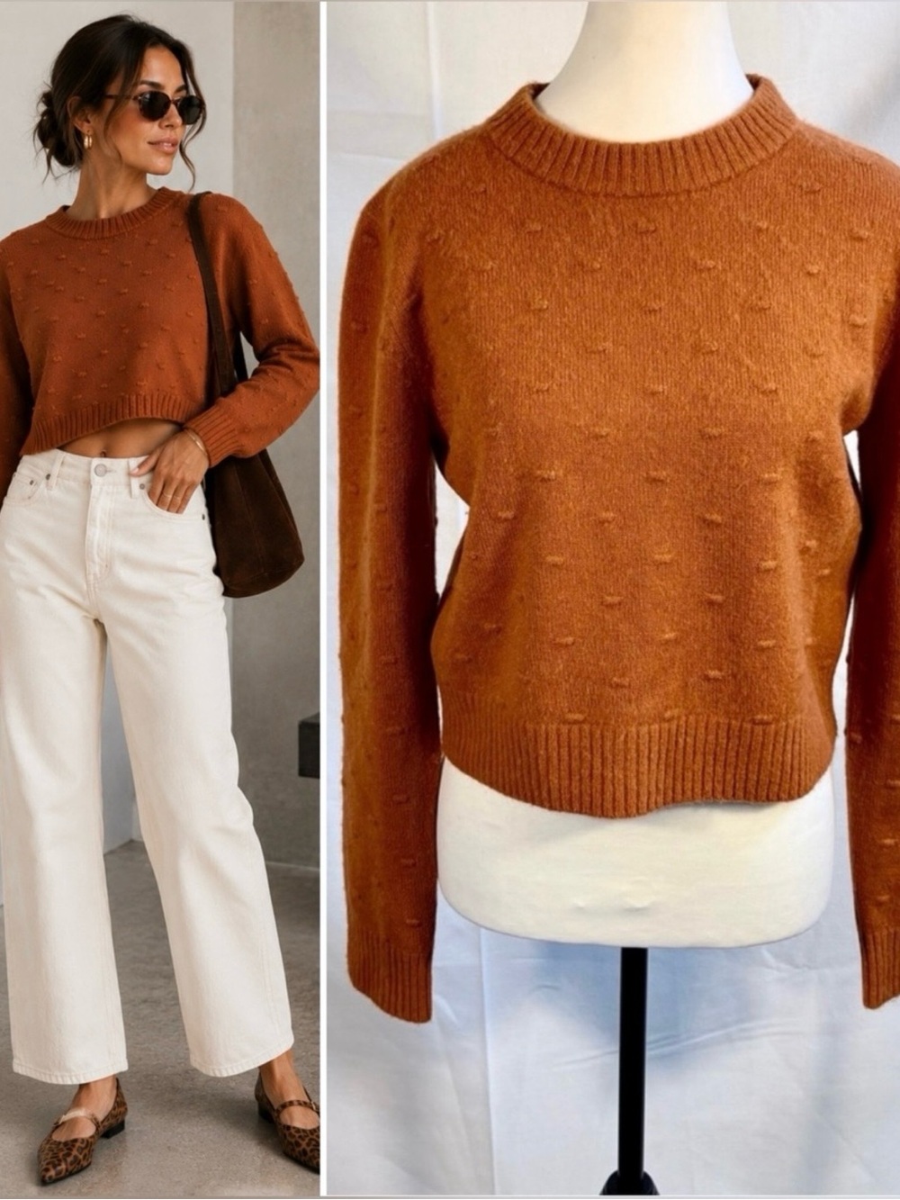 💥Derek Lam Quentin Bubble Knit Wool Alpaca Cropped Sweater Amber Sz M🧡